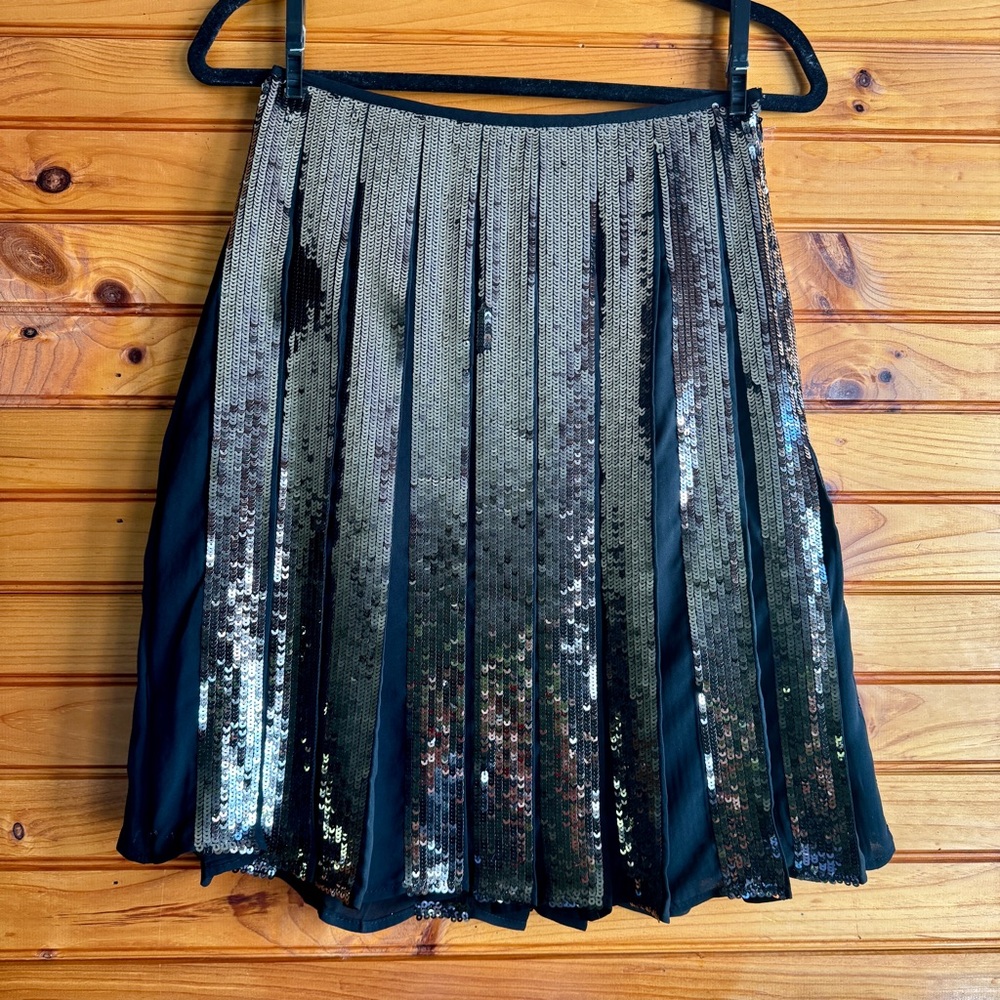 Ann Taylor Black Silver Sequin Pleated A-Line Skirt 0 Party Holiday
